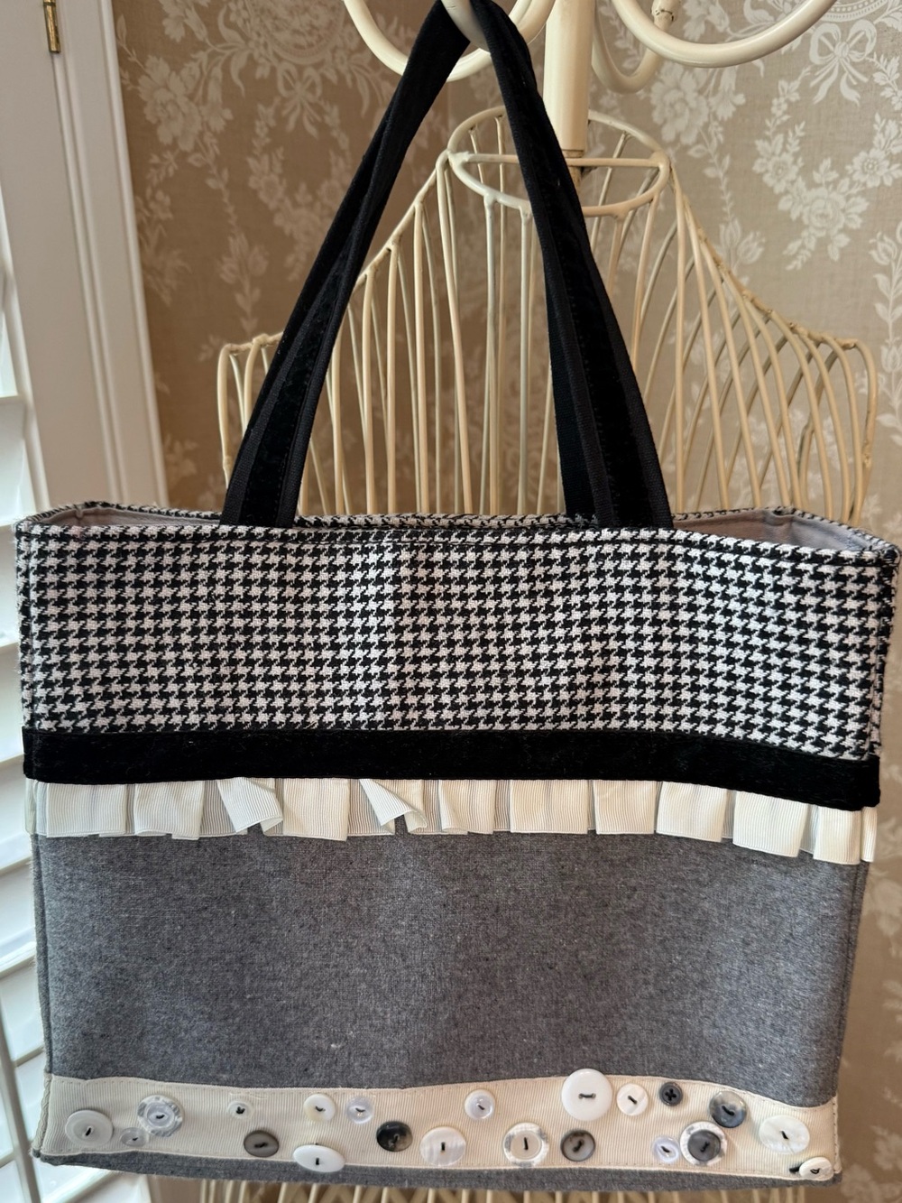 Carleen Powell for Silvestri Black & Gray wool Houndstooth Ruffle Tote